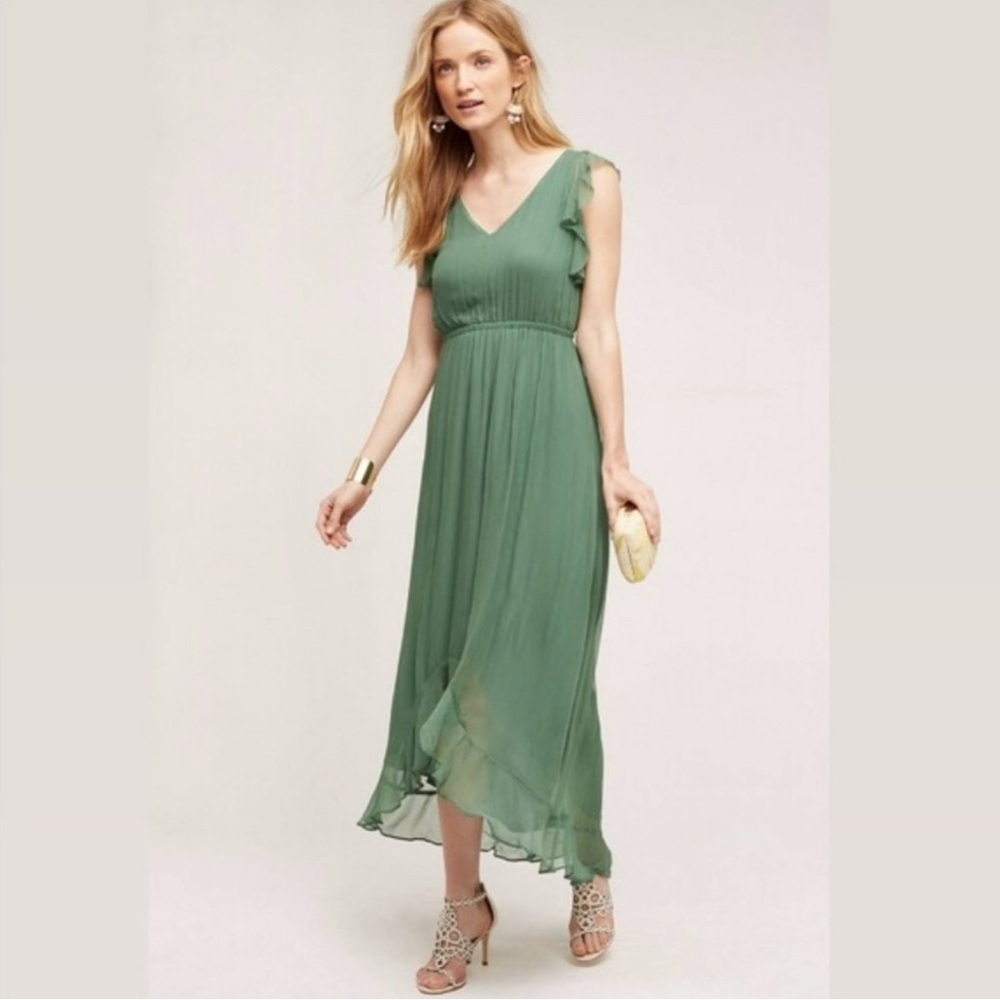 Anthropologie HD in Paris Green Midi High Low Ruffled Wedding Guest Dress 6P